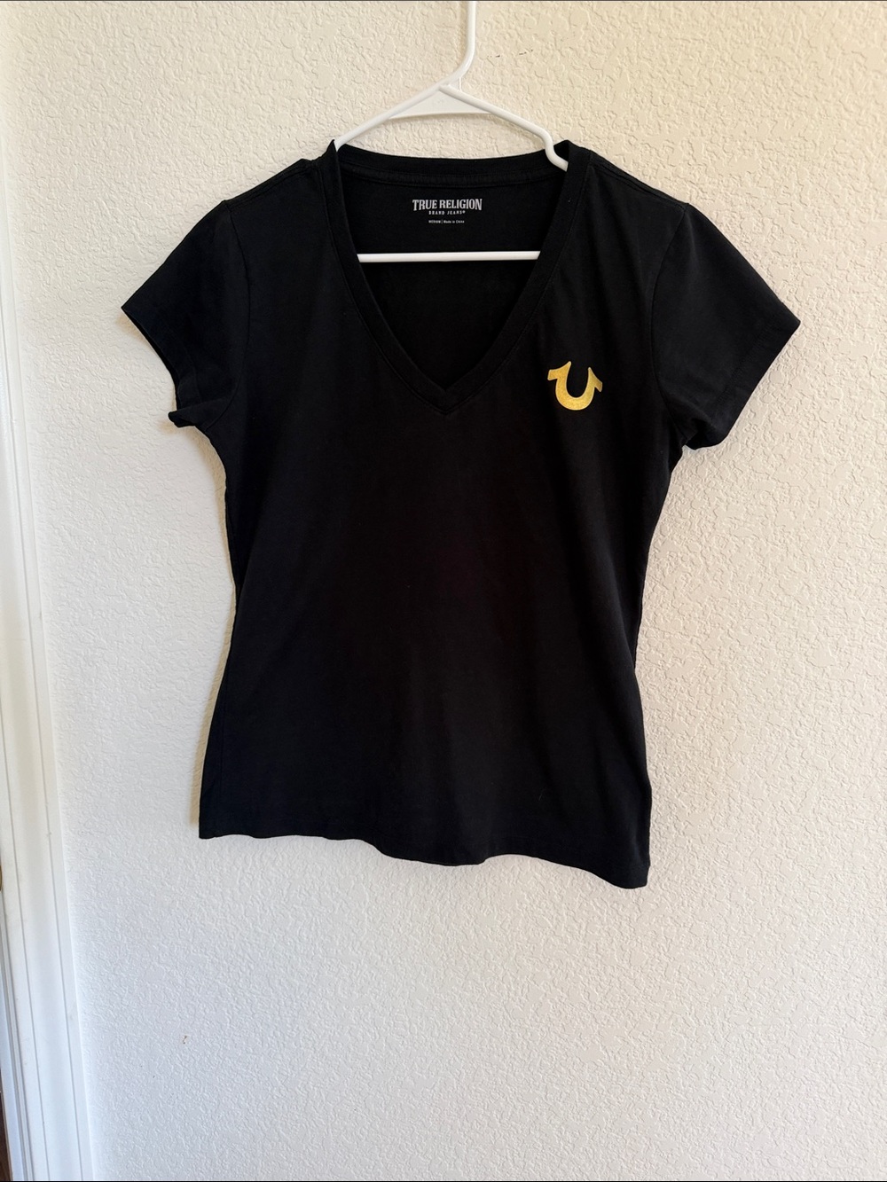True Religion Black V-Neck Tee with Gold Horseshoe Emblem